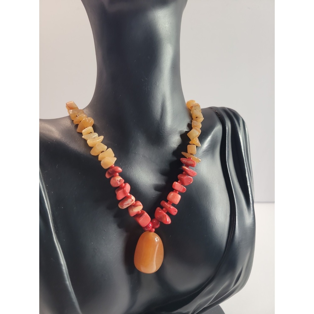 Orange Red Brown Beaded Chip Necklace Teardrop Pendant Boho